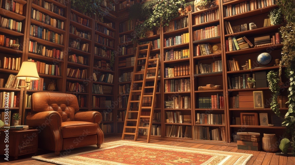Cozy library featuring wall-to-wall bookshelves and inviting reading nook for ultimate relaxation and exploration Cozy library featuring wall-to-wall bookshelves and inviting reading nook for ultimate relaxation and exploration