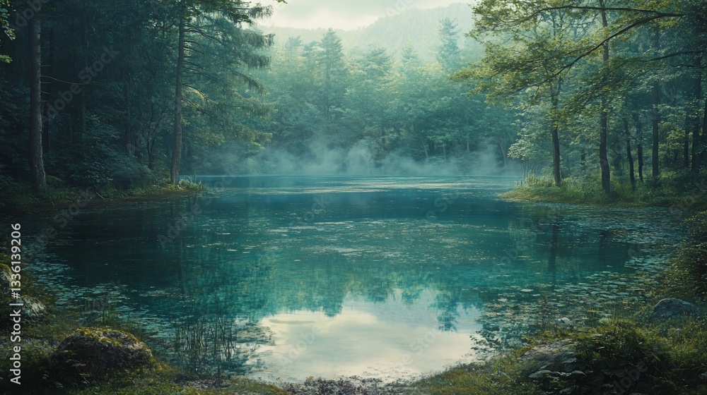 Fototapeta premium Misty morning lake in tranquil forest; serene nature scene; ideal for relaxation themes