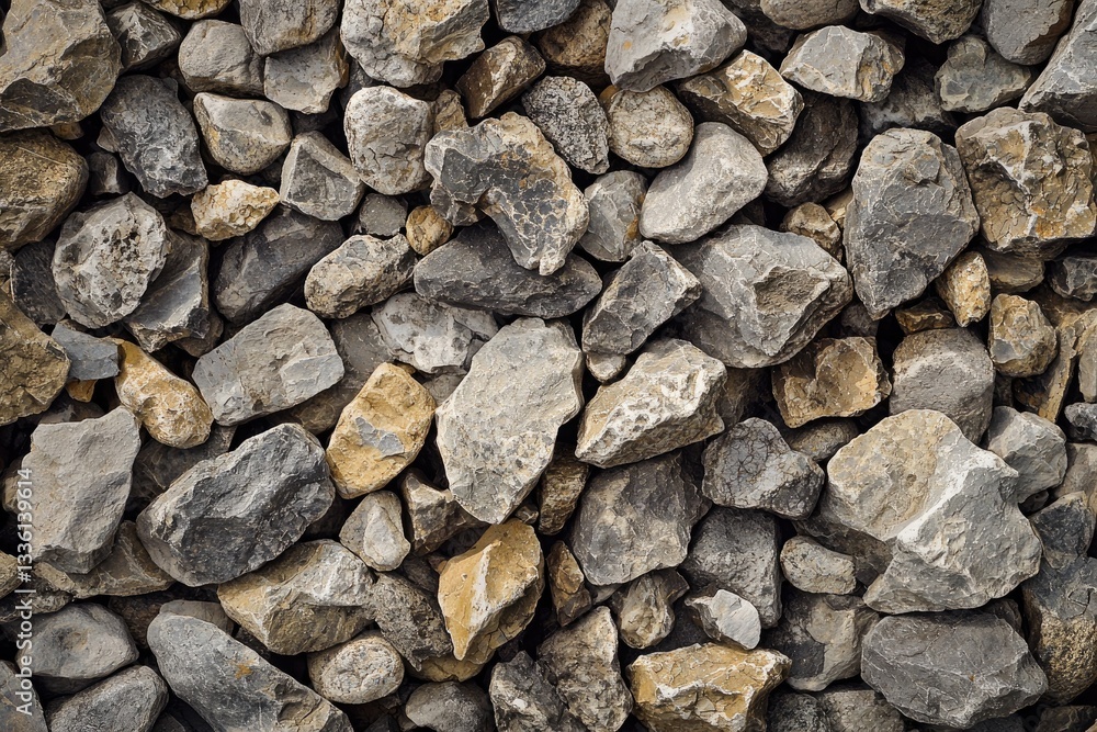 Numerous irregularly shaped grey and brown rocks are densely packed together Numerous irregularly shaped grey and brown rocks are densely packed together