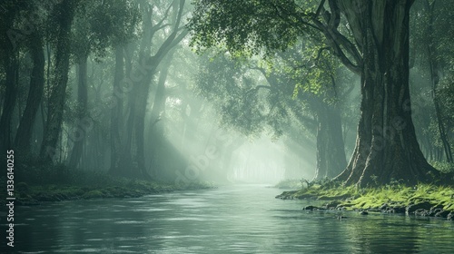 Ethereal riverine landscape: Morning light through misty forest canopy reflecting on water