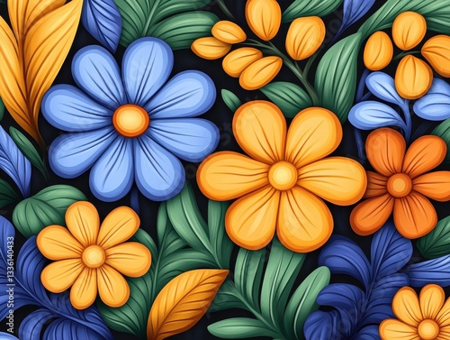 Wallpaper Mural Vibrant floral pattern featuring blue, orange, and yellow flowers with lush greenery Torontodigital.ca