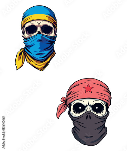 Vsai two skulls wearing bandanas and masks representing warring sides