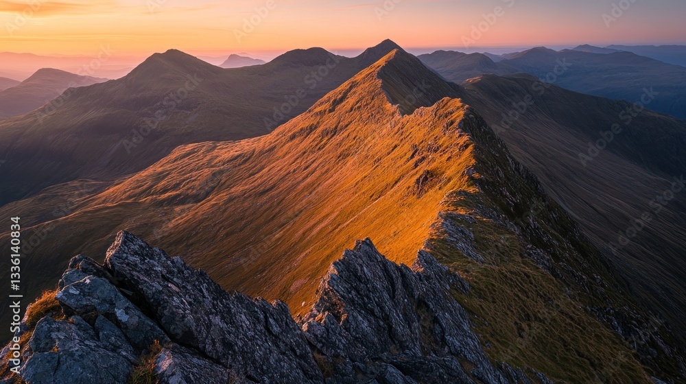 Obraz premium Panoramic golden hour illuminating majestic Scottish Highlands mountain range