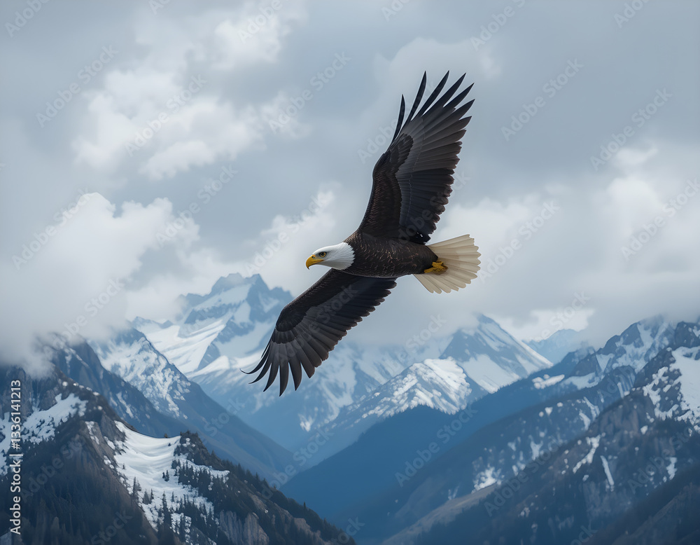 Obraz premium Eagle in Mid-Flight Over a Mountain Range 