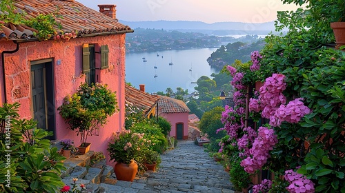 Fototapeta Naklejka Na Ścianę i Meble -  Misty morning in a quaint European village street. 