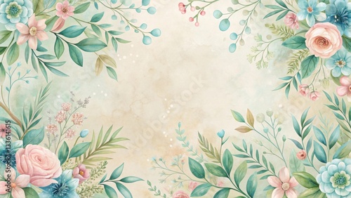 Elegant Pastel Floral Border Design Featuring Delicate Roses and Lush Greenery on a Soft Beige Background Perfect for Invitations, Cards, and Decorative Projects