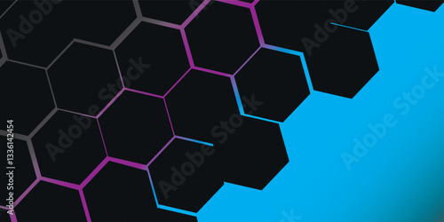 Abstract technology background of dark hexagons with bright flashes of blue and pink under the hexagons.vector illustration