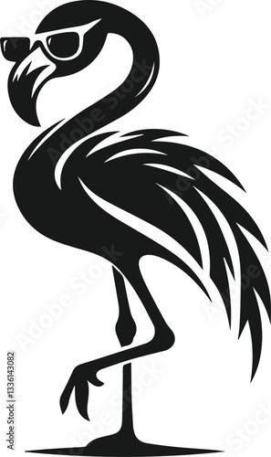 black and white flamingo wearing sunglasses