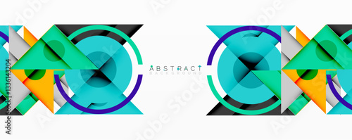 Geometric abstract design with layered triangles, circles, and gradients, forming a structured pattern with sharp contrasts and depth