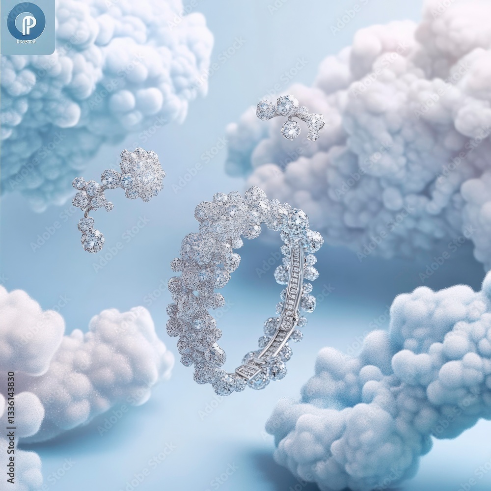 Naklejka premium Sparkling jewelry display features stunning diamond bracelet surrounded by soft, fluffy clouds in an artistic setting