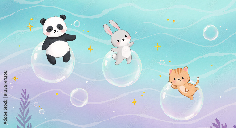 Naklejka premium Magical Underwater Scene with Cartoon Animals and Bubbles