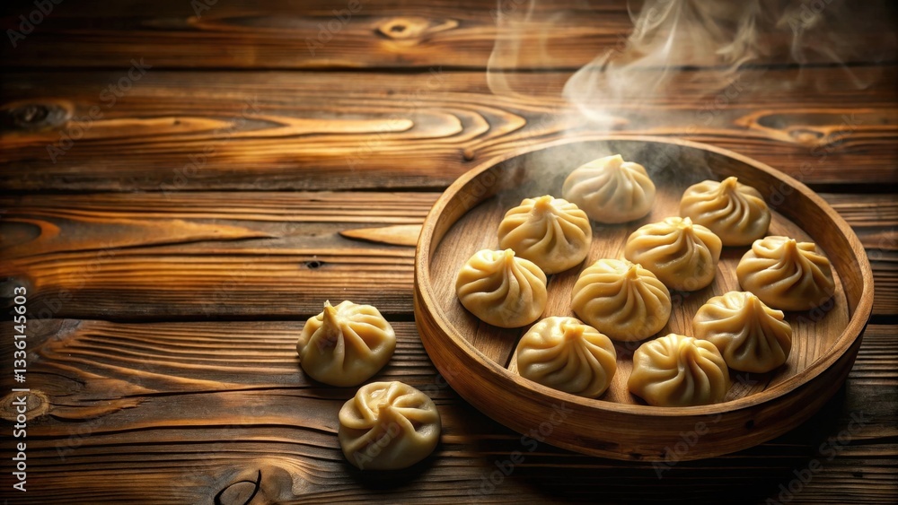 Steaming Delicacies A Close-Up View of Fluffy, Steamed Buns on a Rustic Wooden Surface Steaming Delicacies A Close-Up View of Fluffy, Steamed Buns on a Rustic Wooden Surface