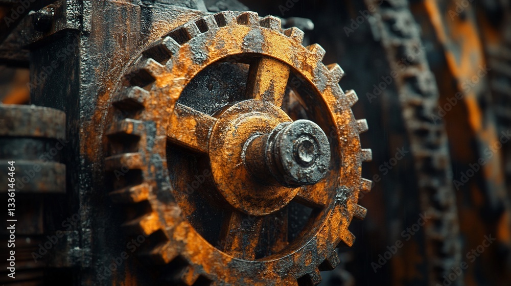 Rusty gears meshing, industrial detail, dark background, machinery texture Rusty gears meshing, industrial detail, dark background, machinery texture