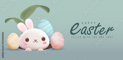 Happy Easter Day Design with Cute Bunny Vector Illustration. Egg Hunt Party Concept. Suitable for Poster Banner Flyer and Brochure Template