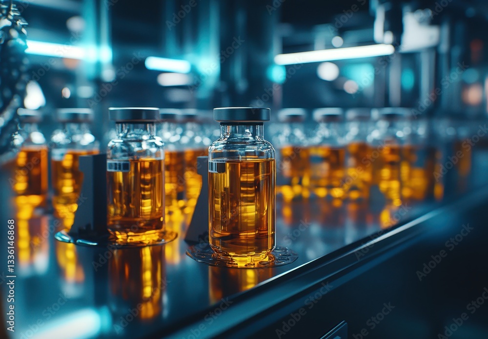 Vials of amber liquid on a production line in a modern facility. Vials of amber liquid on a production line in a modern facility.