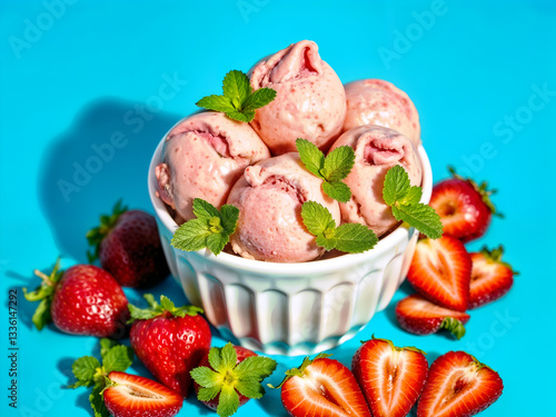 A bowl of delicious strawberry ice cream with fresh mint leaves and strawberries, set against a vibrant blue background. Generative AI