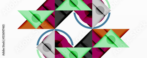 Geometric abstract design with layered triangles, circles, and gradients, forming a structured pattern with sharp contrasts and depth