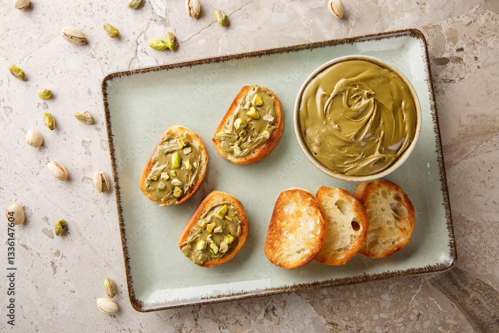 Vegetarian Pistachio cream, toasted bread and raw nuts close-up on table. Horizontal top view from above