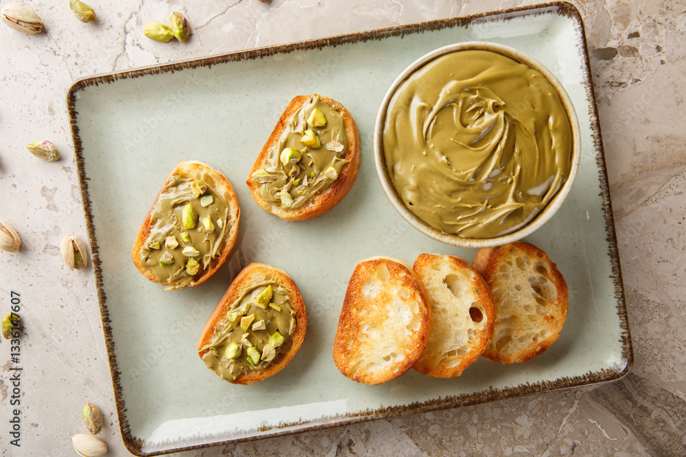 Delicious pistachio spread in bowl, toasted bread and raw nuts close-up on table. Horizontal top view from above