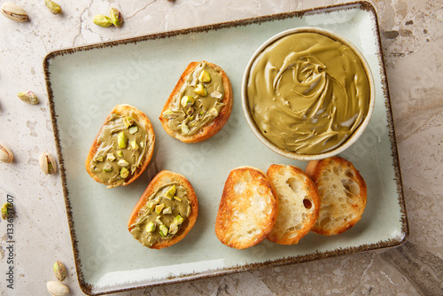 Obraz na płótnie Delicious pistachio spread in bowl, toasted bread and raw nuts close-up on table. Horizontal top view from above w salonie