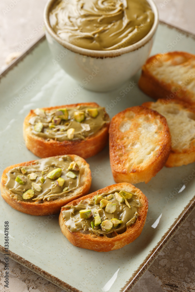 Healthy pistachio butter and toasted bread close-up on plate on table. Vertical