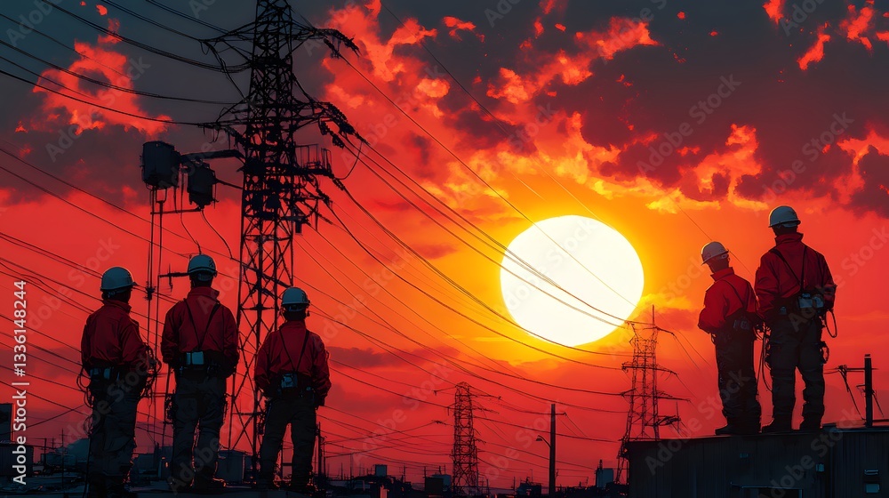 Naklejka premium Industrial-themed lineman artwork showing team coordination on power grid maintenance