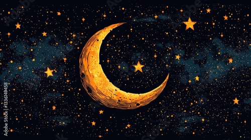 Wallpaper Mural Moon and Stars Night Sky Illustration with Artistic Orange Crescent and Twinkling Bodies Torontodigital.ca
