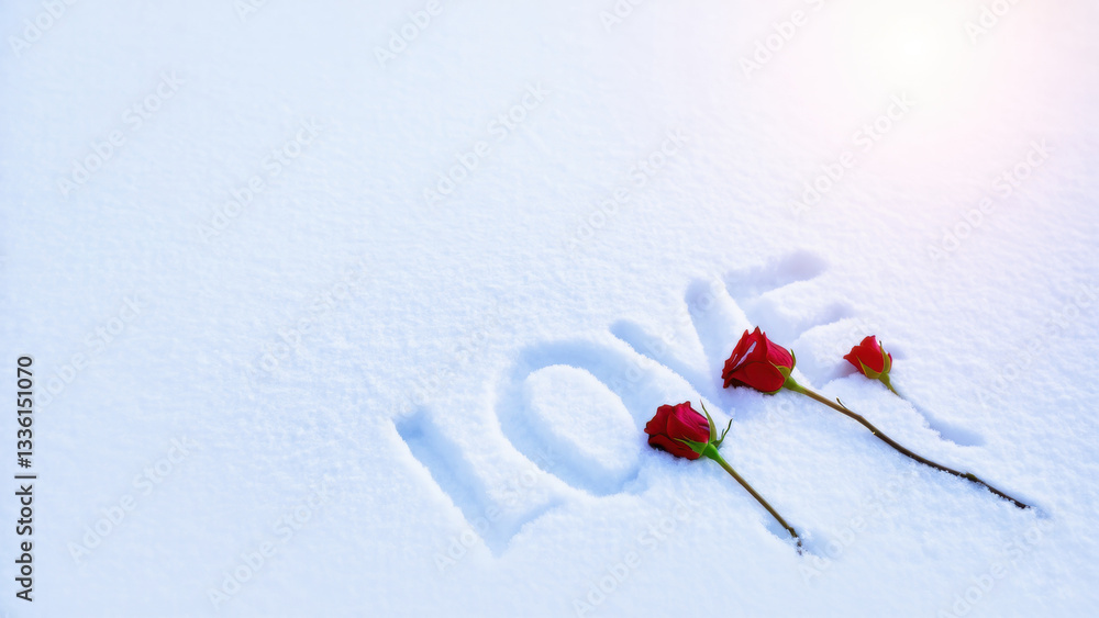 Fototapeta premium Romantic and symbolic image of the word “LOVE”, on fresh snow, accompanied by three red roses. Ideal for decorating themes of love, romance, winter