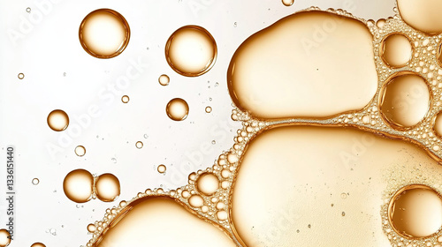 Close-up of golden oil bubbles glowing on white background, symbolizing luxury skincare with natural ingredients, molecular science, and premium beauty product elegance.