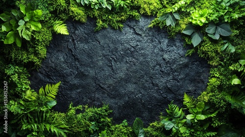 Green plants and moss surround a dark rock wall texture