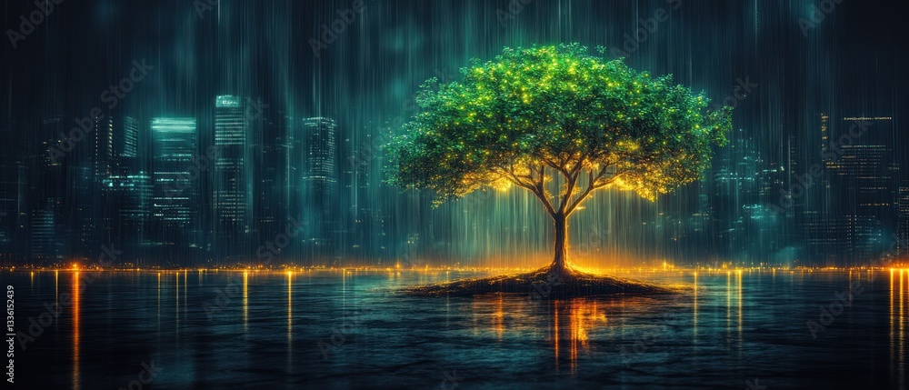 Obraz premium A glowing tree standing in water beside a distant cityscape