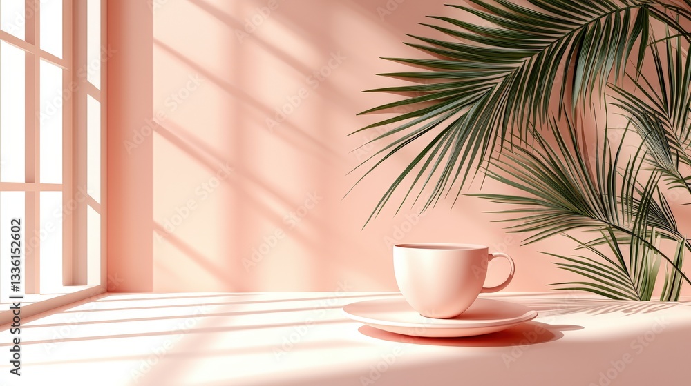 Cozy Morning Scene with Coffee Cup and Tropical Plant in Sunlit Room Cozy Morning Scene with Coffee Cup and Tropical Plant in Sunlit Room