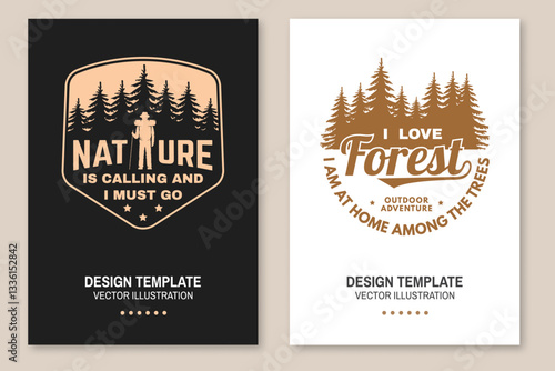 Set of hiking poster design with inspirational adventure quotes. Flyer, poster, banner with hiker, pin forest. Vector.