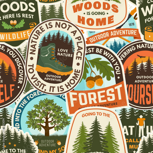 Seamless pattern with inspirational adventure quotes. Background, wallpaper, seamless pattern with oak leaf and acorns, pin forest, coffee or tea mug, hiking poles, deer. Vector illustration.