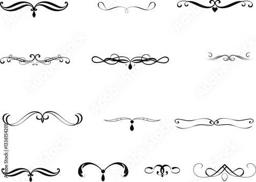 Gold text dividers doodle set. Wedding decorative elements. ornament, borders, floral, vintage line separators. Hand drawn vector illustration isolated on white background. Set page dividers. 