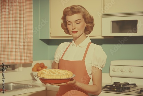 Woman Holding Pie in a Retro Kitchen, Vintage Style