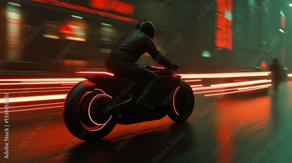 Obraz premium Cyberpunk Motorcyclist Riding at Night, Futuristic Transport