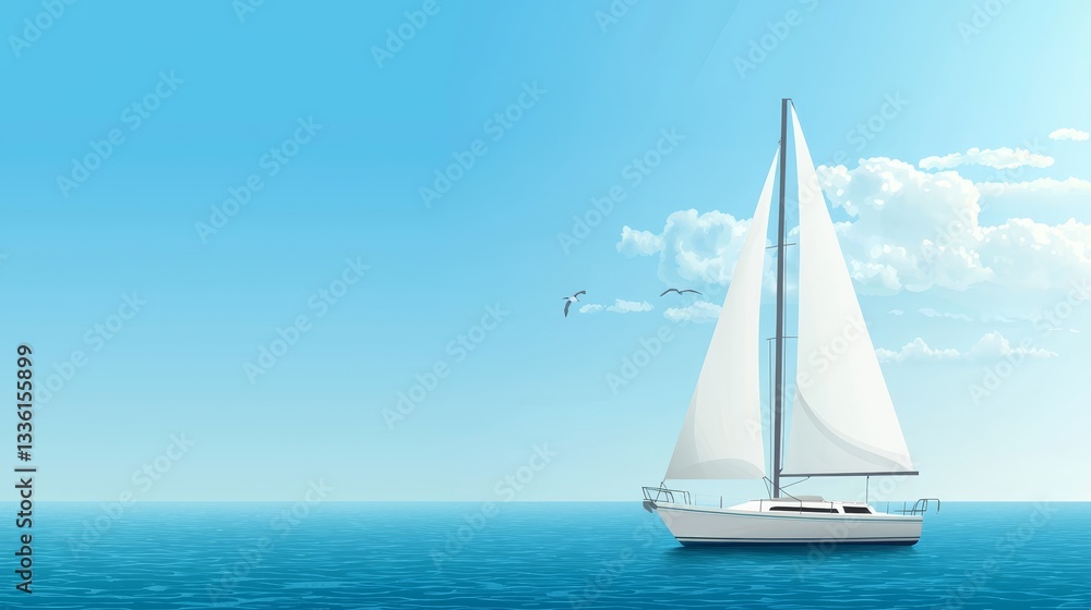 Fototapeta premium Majestic sailboat embraces the boundless ocean under pristine sky tranquil