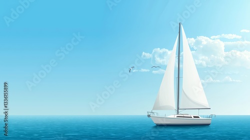 Majestic sailboat embraces the boundless ocean under pristine sky tranquil