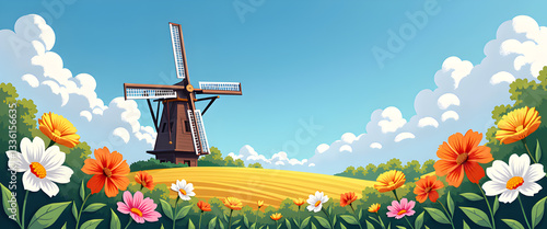 Illustration einer niederländische Windmühle auf einem Hügel, umgeben von Blumen und einem Feld