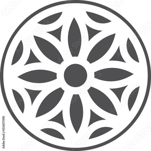 Gothic circle rose window with medieval ornament. Cathedral rosette. Christian architecture element with stained glass. Radial frame.