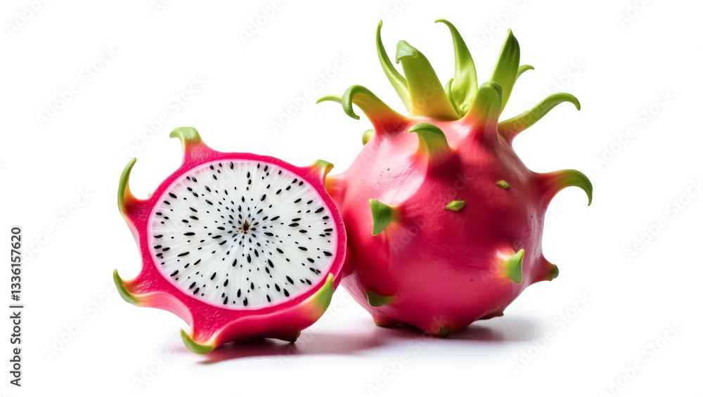 Obraz premium close-up view of a whole and sliced dragon fruit against a white backdrop