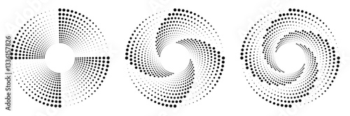 Set of halftone dots gradient pattern texture isolated on white background. Straight dotted spots using halftone circle dot raster texture. Vector blot half tone collection.