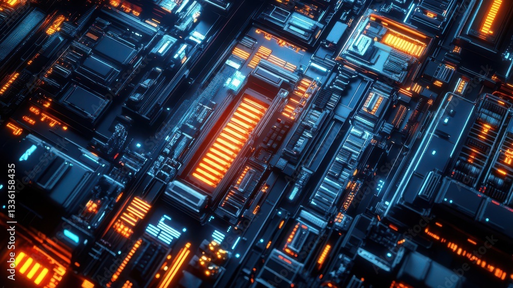 Bird s-eye view of a futuristic trade city, with AI-controlled logistics and autonomous trading systems Bird s-eye view of a futuristic trade city, with AI-controlled logistics and autonomous trading systems