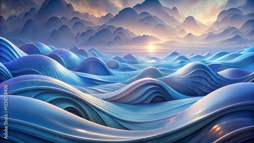 Abstract Waves and Mountains:  A serene landscape, with undulating waves and towering mountains, captured in an abstract, artistic rendering. The image evokes tranquility and the raw power of nature.