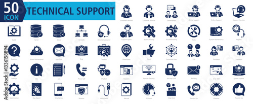 Technical Support Icon Set with Customer Services, Customer Services, Conversation, Online Support, Online Support, Support  Services, Guide, Server, Server, and Network