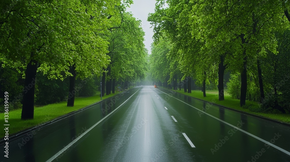 Obraz premium Glistening wet asphalt road reflecting trees after rain serene and scenic drive