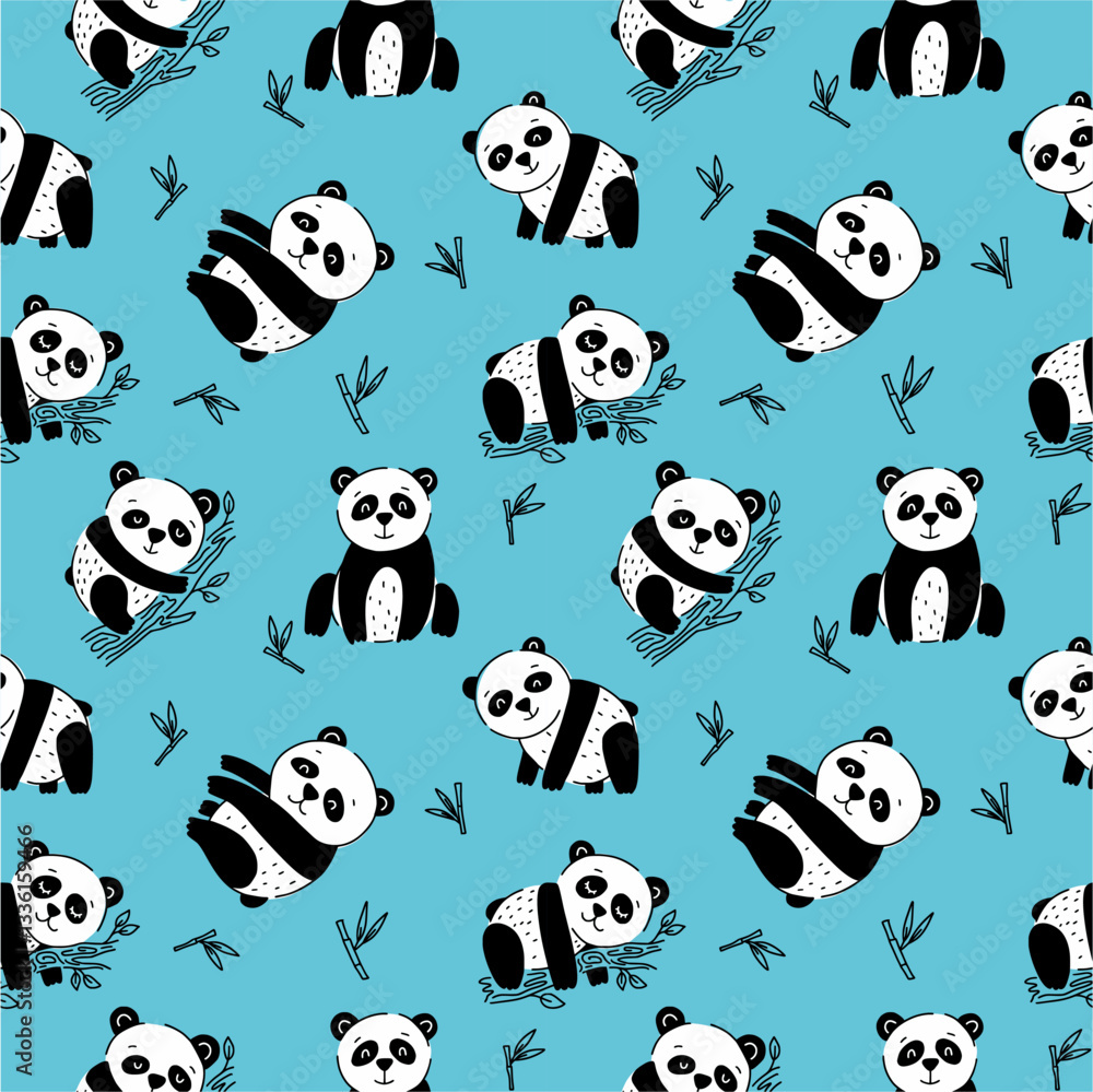 Obraz premium Vector seamless pattern of hand drawn pandas in doodle style