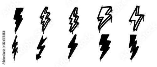 Set of Graffiti electric lightning bolt symbol Sprayed isolated with a white background. graffiti electric lightning bolt icon   with over spray in black over white. Vector illustration.