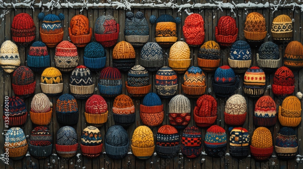 Fototapeta premium Colorful Collection of Knitted Winter Hats Displayed on a Wooden Wall with Snow Accents